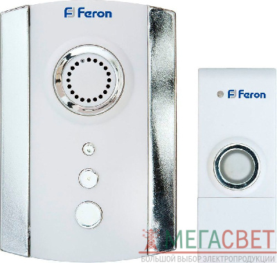 Звонок дверной беспроводной Feron Е-368  Электрический 35 мелодий белый хром с питанием от батареек 23675