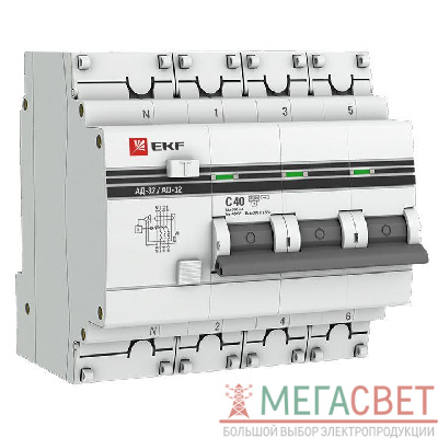 Выключатель автоматический дифференциального тока 4п C 40А 300мА тип AC 4.5кА АД-32 защита 270В электрон. PROxima EKF DA32-40-300-4P-pro