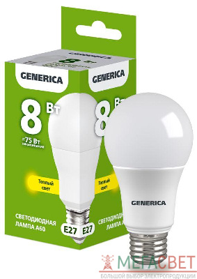Лампа светодиодная A60 8Вт грушевидная 3000К E27 230В GENERICA LL-A60-08-230-30-E27-G