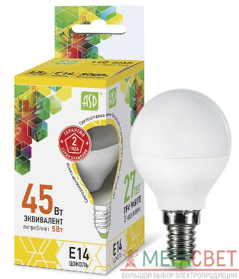 Лампа светодиодная LED-шар-standard 5Вт шар 3000К тепл. бел. E14 450лм 160-260В ASD 4690612002125