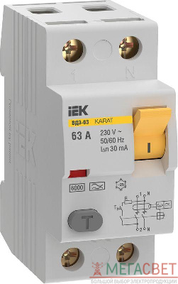 Выключатель дифференциального тока (УЗО) 2п 63А 30мА 6кА тип A ВД3-63 KARAT IEK MDV21-2-063-030