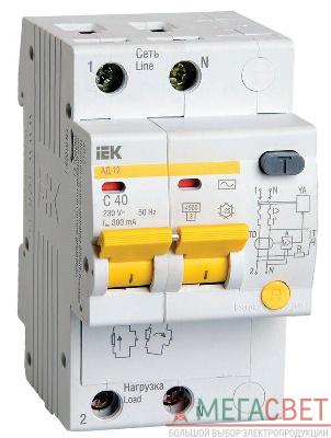 Выключатель автоматический дифференциального тока 2п C 40А 300мА тип AC 4.5кА АД-12 IEK MAD10-2-040-C-300