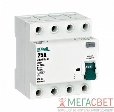 Выключатель дифференциального тока 4P 25А 30мА тип AC 6кА УЗО-03 SchE 14233DEK
