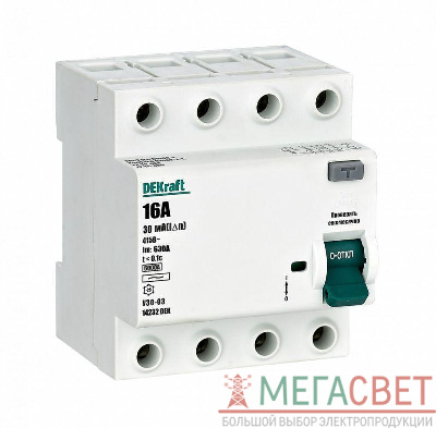 Выключатель дифференциального тока 4P 16А 30мА тип AC 6кА УЗО-03 SchE 14232DEK