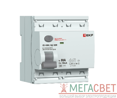 Выключатель дифференциального тока 4п 80А 300мА тип A 6кА ВД-100N электромех. PROxima EKF E1046MA80300