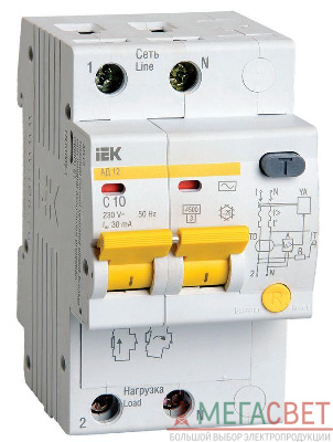 Выключатель автоматический дифференциального тока 2п C 10А 30мА тип AC 4.5кА АД-12 ИЭК MAD10-2-010-C-030