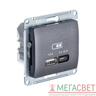 Розетка USB GLOSSA тип A+C 45Вт QC PD механизм графит SchE GSL001329