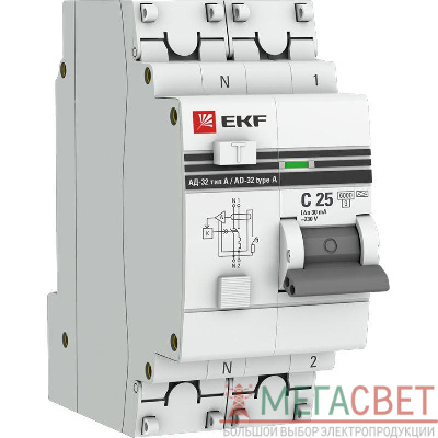 Выключатель автоматический дифференциального тока 2п C 25А 30мА тип A 6кА АД-32 защита 270В электрон. PROxima EKF DA32-6-25-30-a-pro