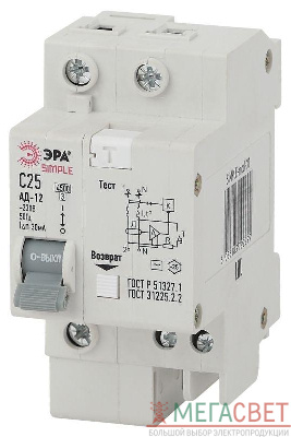 Выключатель автоматический дифференциального тока 1P+N 16А 30мА тип AC SIMPLE-mod-29 х-ка ЭРА Б0039287