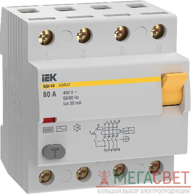 Выключатель дифференциального тока (УЗО) 4п 80А 30мА 6кА тип AC ВД3-63 KARAT IEK MDV20-4-080-030