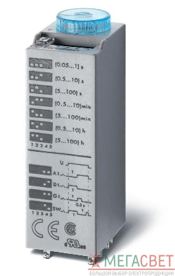 Таймер миниатюрный мультифункциональный (AI DI SW GI) монтаж в розетку 24В AC/DC 4CO 7А регулировка времени 0.05с…100ч IP40 в комплекте металлич. клипса 094.81 FINDER 850400240000