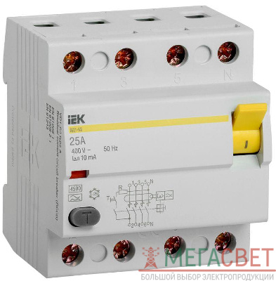 Выключатель дифференциального тока (УЗО) 4п 25А 10мА тип A ВД1-63 IEK MDV11-4-025-010