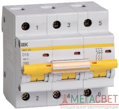Выключатель автоматический модульный 3п D 16А 10кА ВА47-100 IEK MVA40-3-016-D