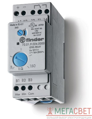 Реле контроля уровня настраиваемый диапазон чувствительности 5…150кОм 240В AC выход 1CO 16А модульное 35мм IP20 FINDER 720182400000