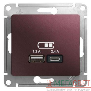 Розетка USB Glossa тип A+C 5В/2.4А 2х5В/1.2А механизм баклажан. SchE GSL001139