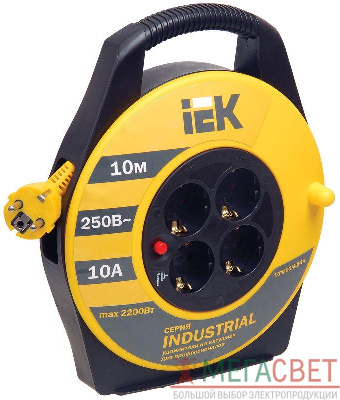 Удлинитель на катушке 4х10м с заземл. 16А IP20 Industrial УК10 3х1.5 термозащита IEK WKP15-16-04-10