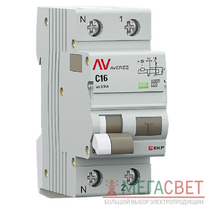 Выключатель автоматический дифференциального тока 2п (1P+N) C 16А 10мА тип A 6кА DVA-6 AVERES EKF rcbo6-1pn-16C-10-a-av