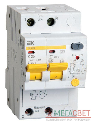 Выключатель автоматический дифференциального тока 2п C 25А 30мА тип A 4.5кА АД-12М ИЭК MAD12-2-025-C-030