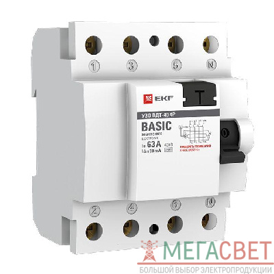 Выключатель дифференциального тока (УЗО) 4п 63А 30мА тип AC Basic электрон.EKF elcb-4-63-30e-sim
