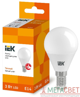 Лампа светодиодная ECO G45 3Вт шар 3000К тепл. бел. E14 216лм 230-240В IEK LLE-G45-3-230-30-E14