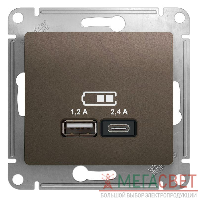 Розетка USB Glossa тип A+C 5В/2.4А 2х5В/1.2А механизм шоколад SchE GSL000839