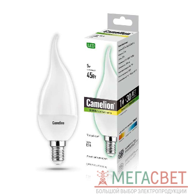 Лампа светодиодная LED5-CW35/830/E14 5Вт свеча на ветру 3000К тепл. бел. E14 390лм 220-240В Camelion 12033