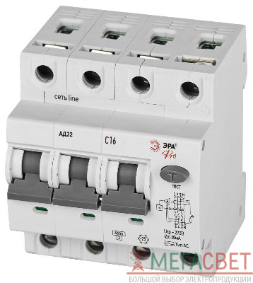 Выключатель автоматический дифференциального тока 3P+N C16 30мА тип АC защита 230В АВДТ 4.5кА PRO D32E4C16АC30P АД32 электронное Эра Б0057797