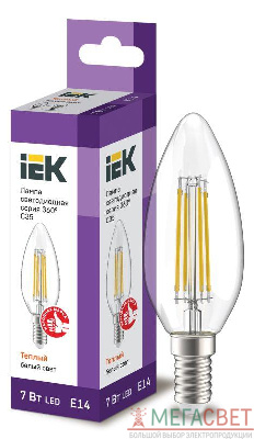 Лампа светодиодная филаментная 360° 7Вт C35 свеча 3000К E14 230В прозр. IEK LLF-C35-7-230-30-E14-CL
