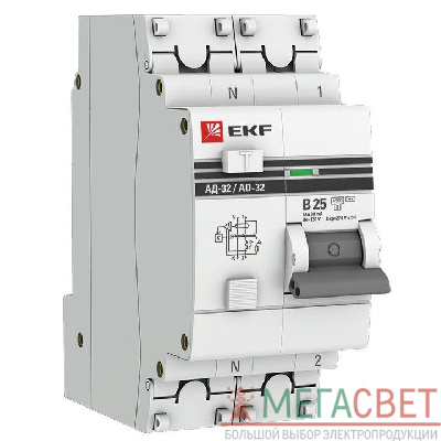 Выключатель автоматический дифференциального тока 2п B 25А 30мА тип AC 4.5кА АД-32 2мод. защита 270В электрон. PROxima EKF DA32-25-B-30-pro