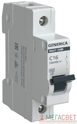 Выключатель автоматический модульный 1п C 16А 4.5кА ВА47-29М GENERICA MVA21-1-016-C-G