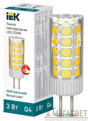 Лампа светодиодная CORN 3Вт капсула 4000К G4 12В керамика IEK LLE-CORN-3-012-40-G4