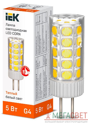 Лампа светодиодная CORN 5Вт капсула 3000К G4 12В керамика IEK LLE-CORN-5-012-30-G4