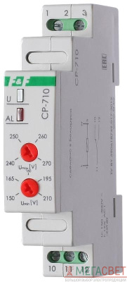 Реле напряжения CP-710 (однофазный; контроль верхнего и нижнего значений напряжения; монтаж на DIN-рейке 35мм; 230В 10А 1P IP20) F&F EA04.009.001