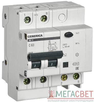 Выключатель автоматический дифференциального тока 2п 63А 100мА АД12 GENERICA IEK MAD15-2-063-C-100