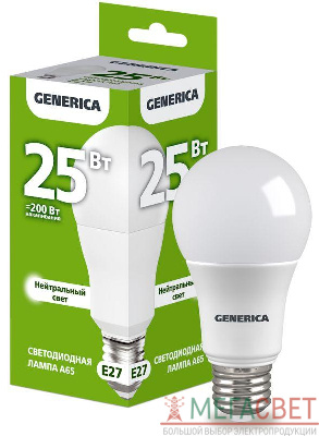 Лампа светодиодная A65 25Вт грушевидная 4000К E27 230В GENERICA LL-A65-25-230-40-E27-G