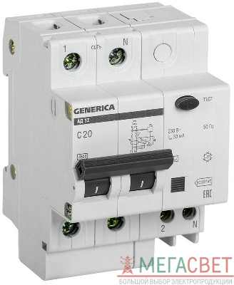 Выключатель автоматический дифференциального тока 2п 20А 30мА АД12 GENERICA IEK MAD15-2-020-C-030