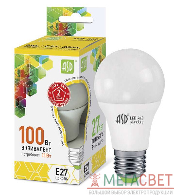 Лампа светодиодная LED-A60-standard 11Вт грушевидная 3000К тепл. бел. E27 990лм 160-260В ASD 4690612001739