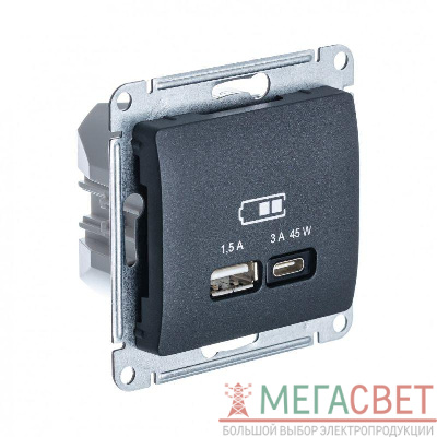 Розетка USB GLOSSA тип A+C 45Вт QC PD механизм антрацит SchE GSL000729