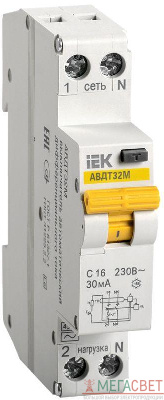 Выключатель автоматический дифференциального тока 1п C 16А 30мА тип A 4.5кА АВДТ-32М IEK MAD32-5-016-C-30