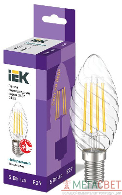 Лампа светодиодная филаментная 360° 5Вт CT35 свеча витая 4000К нейтр. бел. E27 230В IEK LLF-CT35-5-230-40-E27-CL