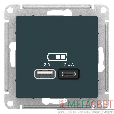 Розетка USB AtlasDesign тип A+C 5В/2.4А 2х5В/1.2А механизм изумруд SchE ATN000839